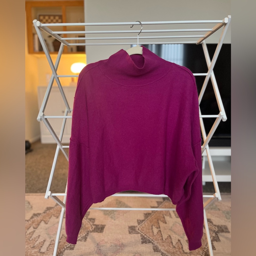 Free People Cashmere Turtleneck Cropped Sweater, Size S, Fuchsia